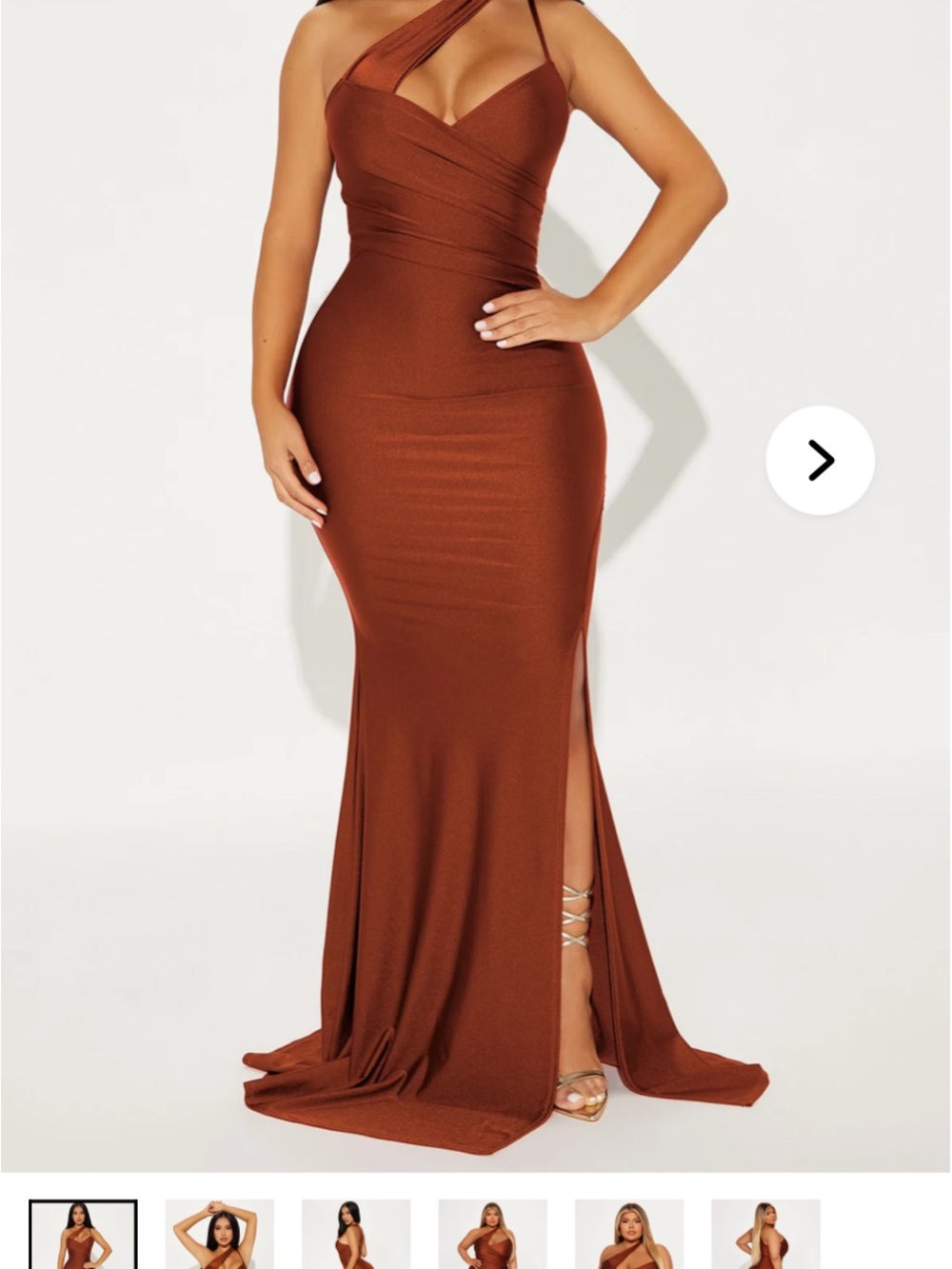 Fashion Nova One-Shoulder Maxi Dress in Rust